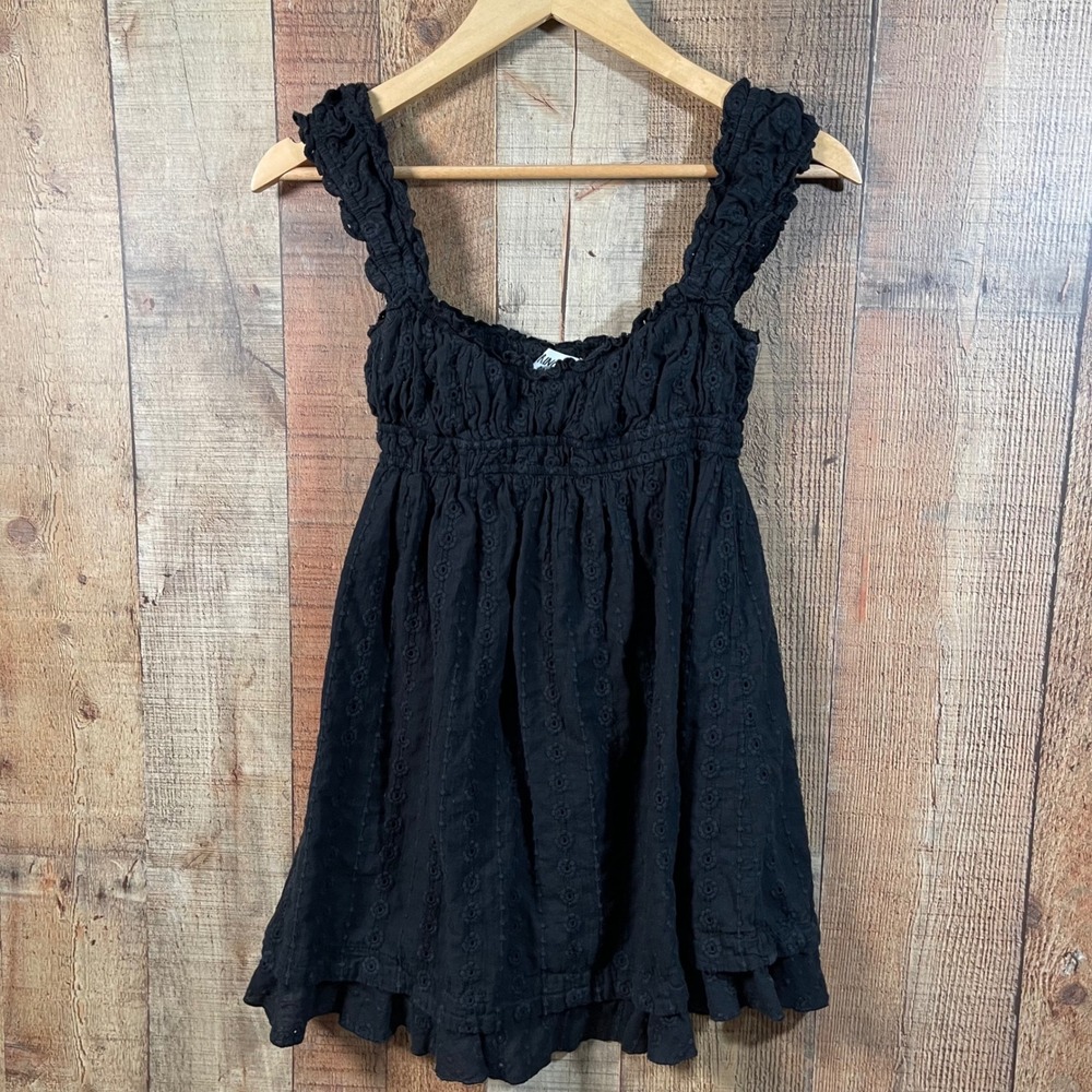 Princess Polly Black Eyelet Babydoll Mini Dress US 4 Ruffle Straps Cotton Lined